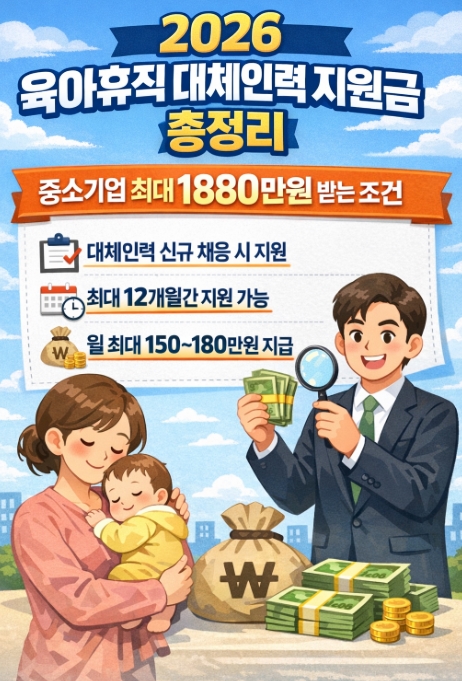 2026 육아휴직 대체인력 지원금 총정리, 중소기업 최대 1880만원 받는 조건