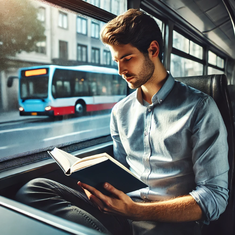 출근길 버스 창가에 앉아 책을 읽는 직장인