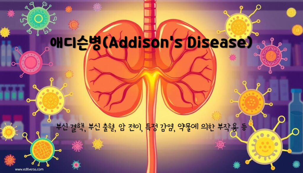 애디슨병(Addison’s Disease)
애디슨병의 원인 : 부신 결핵, 부신 출혈, 암 전이, 특정 감염, 약물에 의한 부작용 등