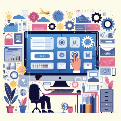 다양한 컴퓨터 화면과 기술적 요소들이 결합된 일러스트, 디지털 작업 환경을 나타냄.