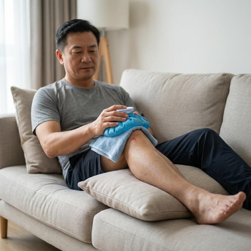 "소파에 누워 다리를 올리고 무릎에 냉찜질(RICE 프로토콜)을 하는 홈케어 모습"