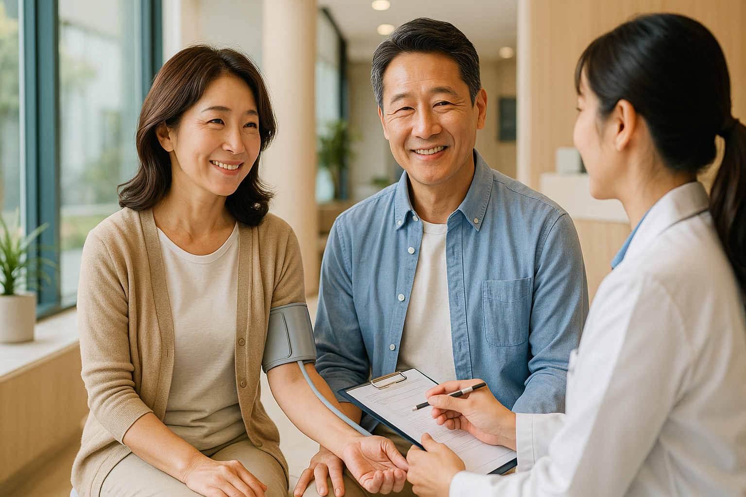 따뜻한 아침 햇살 속 건강 검진을 받는 중년 부부