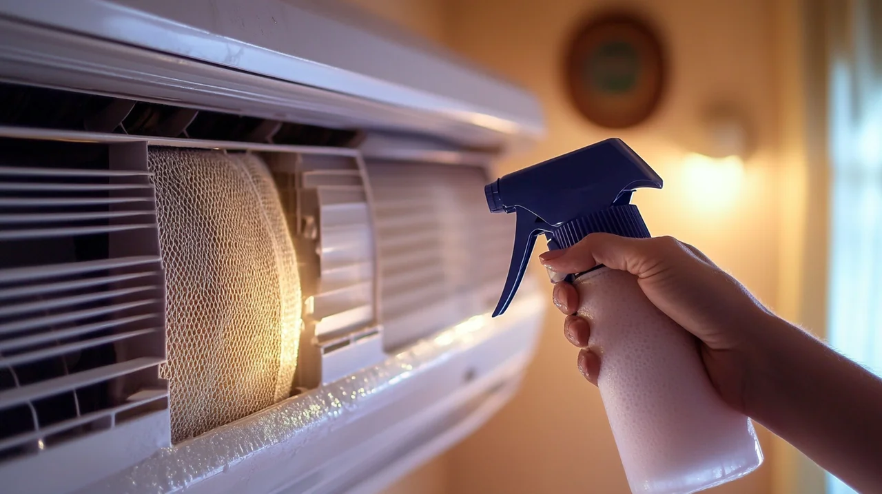 한 개인이 에어컨 필터에 스프레이 클리너를 사용하는 섬세한 모습이 조명됩니다. 스마트 홈 환경에서 체계적인 청소 방법이 뒤에서 빛을 발하며, 필터 유지관리의 중요성과 세심함을 강조합니다.