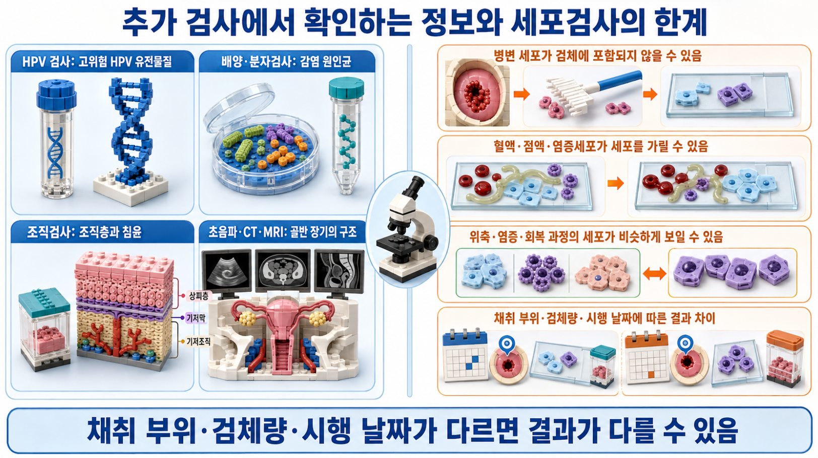 HPV&middot;배양&middot;분자&middot;조직&middot;영상검사에서 확인하는 정보와 자궁경부세포검사의 위음성&middot;위양성 원인을 정리한 이미지