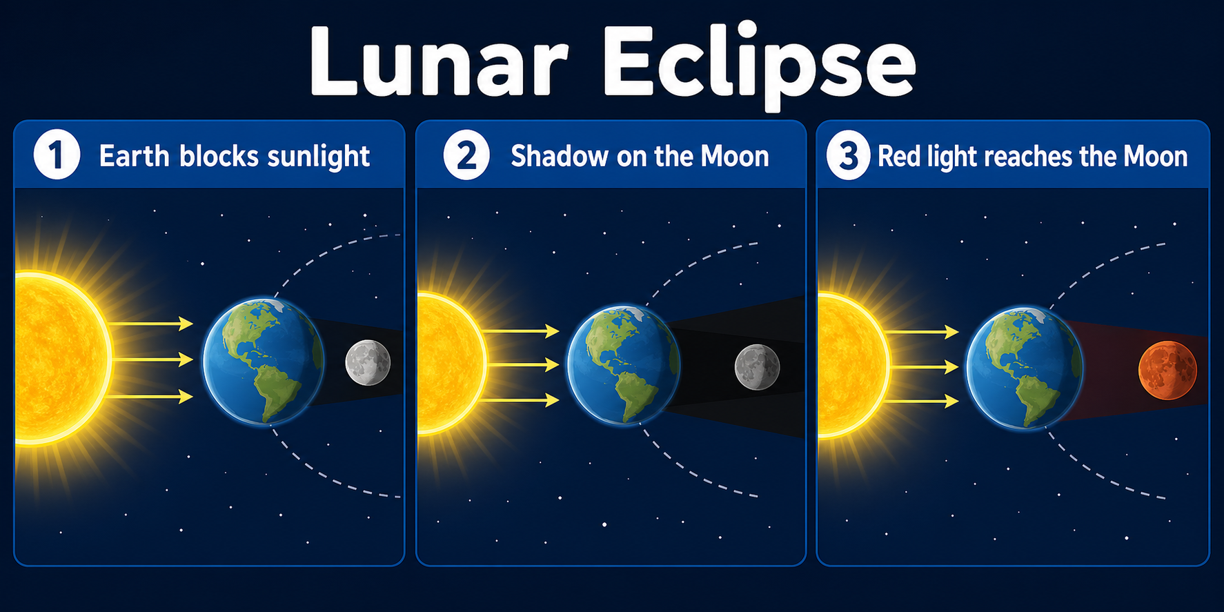 Infographic explaining a lunar eclipse with Earth shadow and reddish Moon