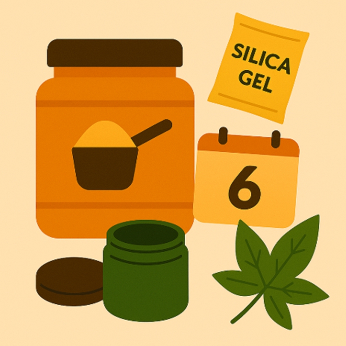 단백질 보충제, 보관 용기, 계량 스푼, 습기 방지 용품을 아기자기하게 표현한 일러스트.