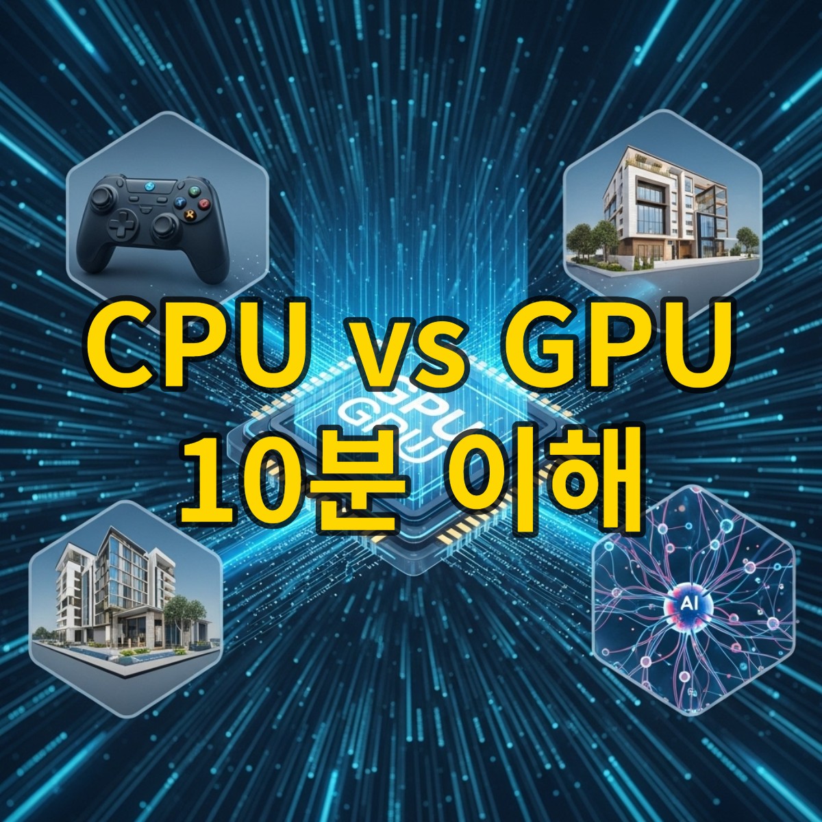 GPU의 핵심 개념을 시각적으로 설명하는 이미지. 게임, AI, 영상 편집 등 GPU가 활용되는 다양한 분야를 푸른빛 디지털 흐름으로 표현.
