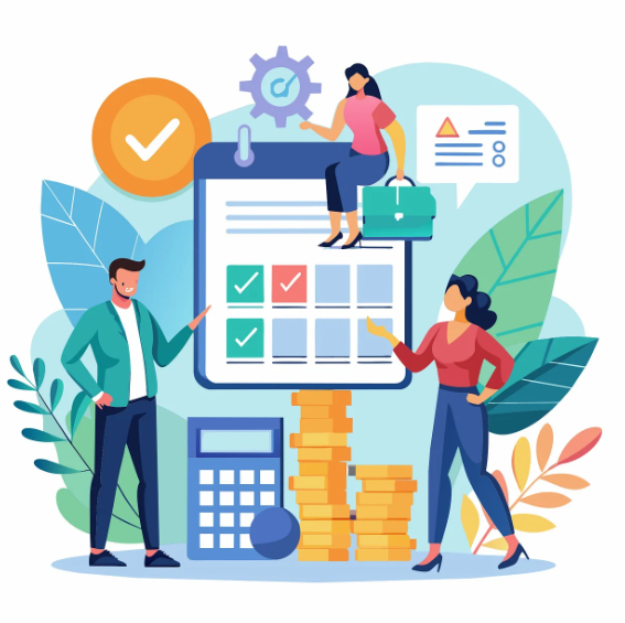 성공 루틴과 완벽 루틴의 차이를 설명하는 개념 이미지 – 체크리스트, 돈, 계산기와 함께 일하는 남녀 일러스트