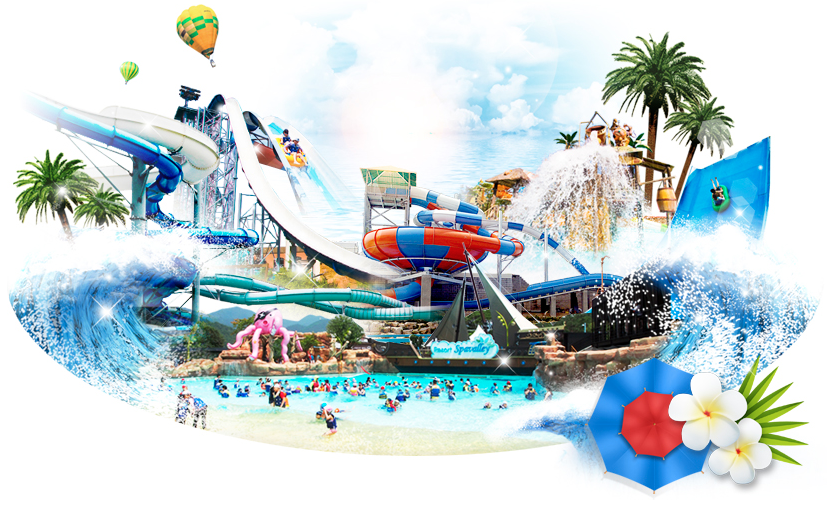 Spavalley Waterpark in Daegu featuring outdoor water slides, wave pool, and family-friendly water attractions in scenic mountain setting