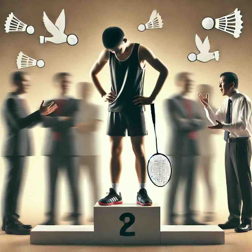 A scene showing an athlete with a badminton racket standing on a podium, frustrated and looking down