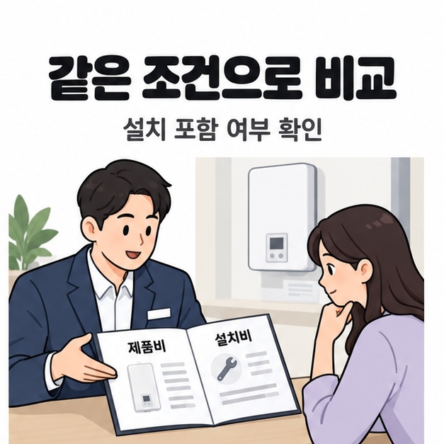 같은 조건으로 비교 문구 아래 상담자가 제품비와 설치비로 나뉜 안내서를 소비자에게 설명하는 모습