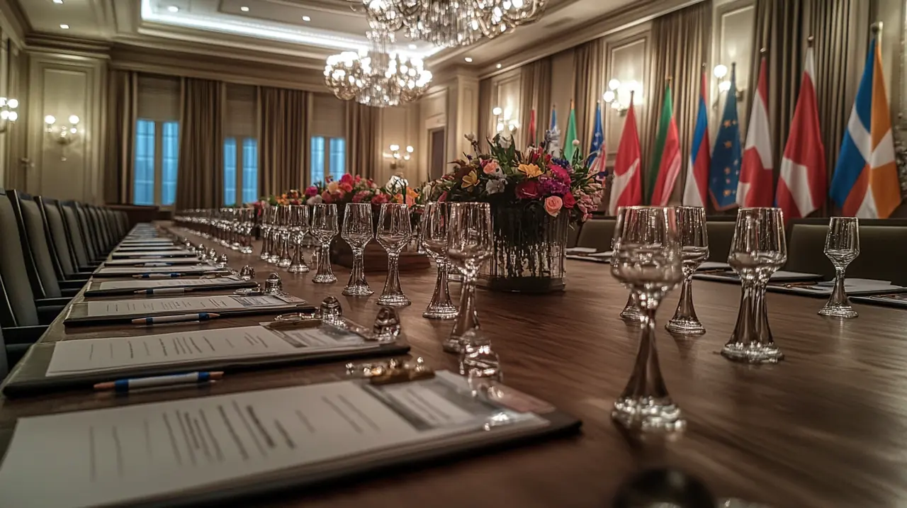 통화 가치에 영향을 미치는 무역 협상을 논의하는 국제회의. 협력적이면서도 진지하고 집중된 분위기를 통해 공식적인 논의 진행.