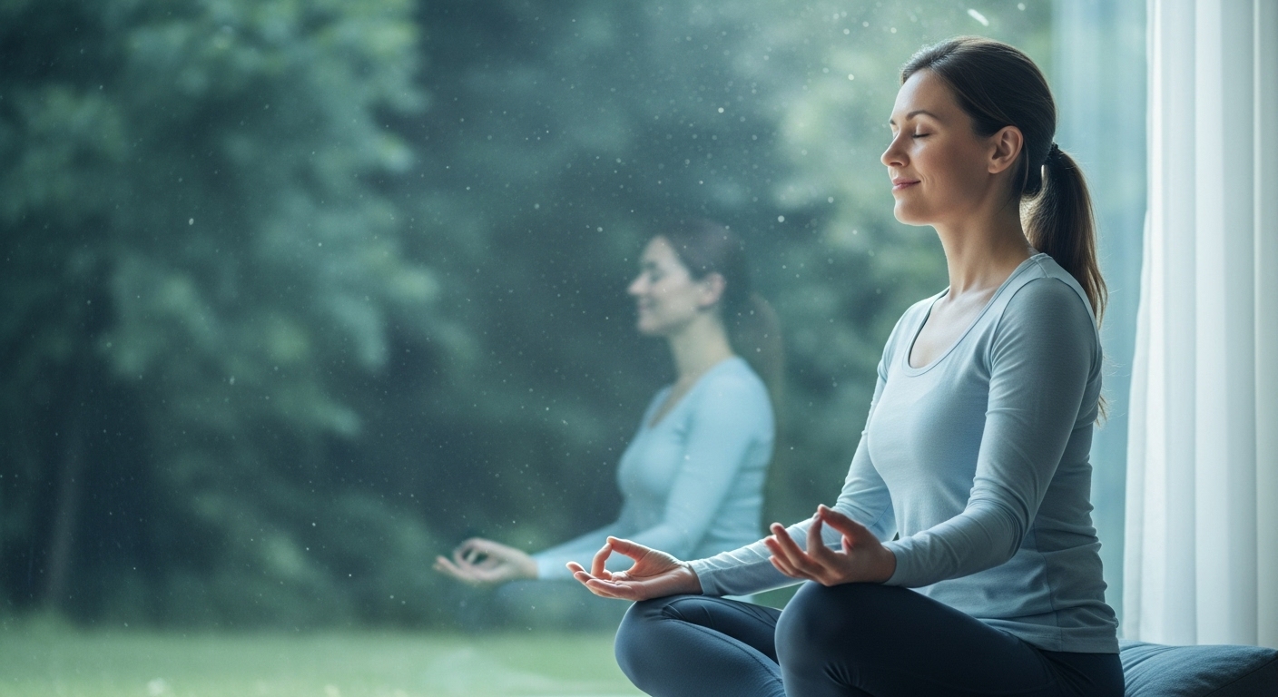 고요한 공간에서 편안하게 명상하며 스트레스를 해소하는 30대 직장인 여성의 모습.