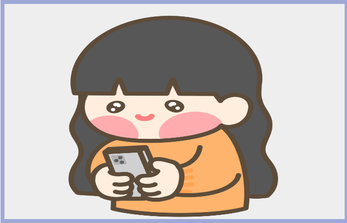 스마트폰을 들고 웃으며 사용하는 긴 머리 소녀 캐릭터 일러스트