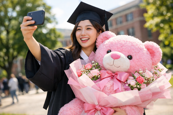 자이언트 인형 꽃다발을 들고 졸업식 인증샷을 남기는 Z세대 졸업생.