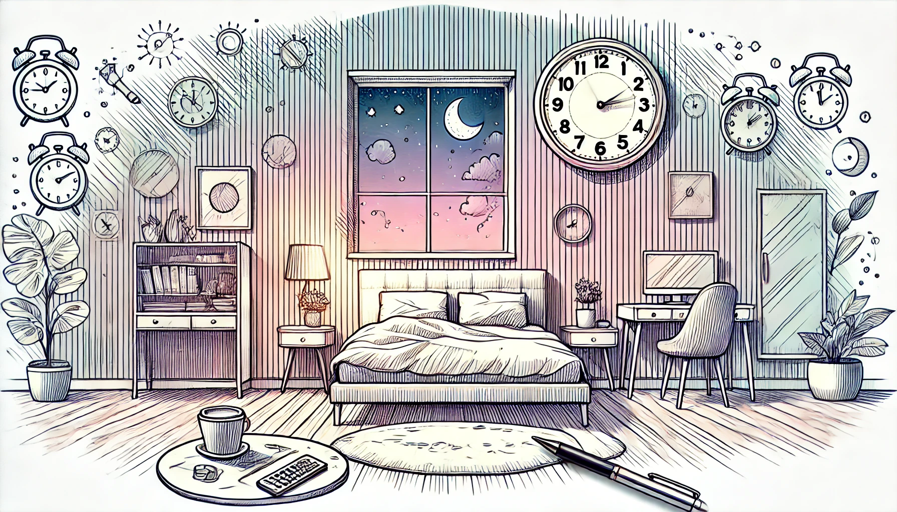 수면 장애로 잠 못 드는 사람의 방을 그린 그림