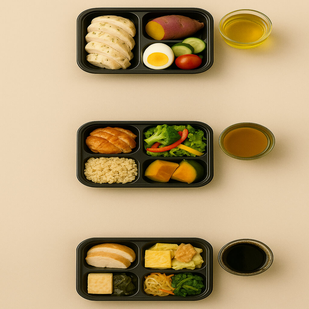 아침, 점심, 저녁의 다이어트 도시락 구성