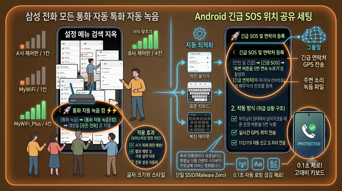 갤럭시 전화 설정 통화 자동 녹음 켜기 및 전원 버튼 5회 긴급 SOS 위치 전송 설정 화면