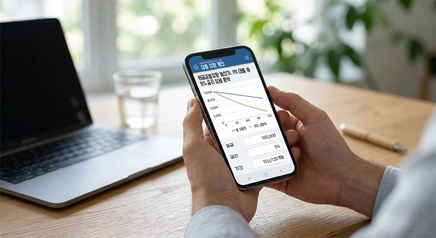 원금균등상환 계산기 화면에서 회차별 이자 감소 구조와 대출 상환 그래프를 확인하는 모습