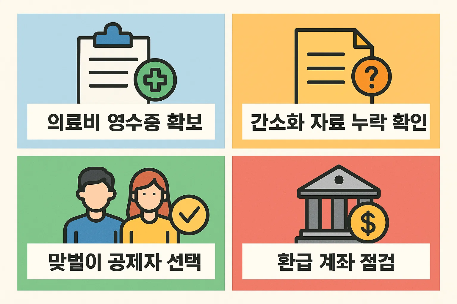 의료비 영수증 확보, 간소화자료 확인, 공제자 선택, 환급계좌 점검 등 연말정산 전 반드시 준비해야 할 항목을 정리한 인포그래픽