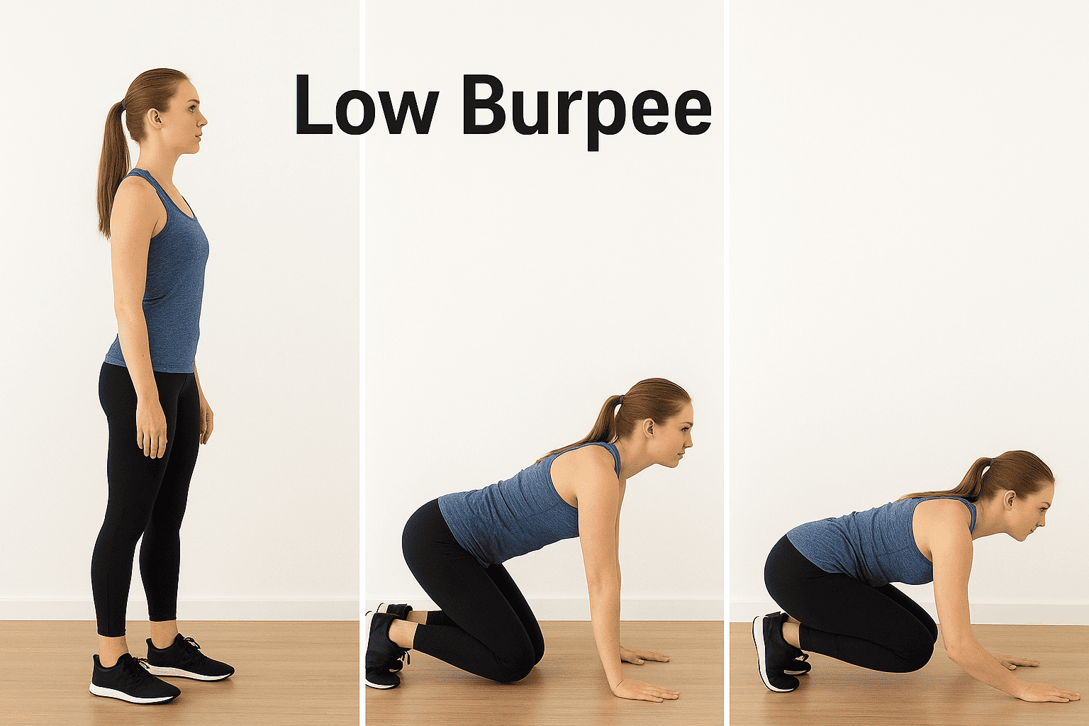 로우 버피 운동을 단계적으로 표현한 이미지
