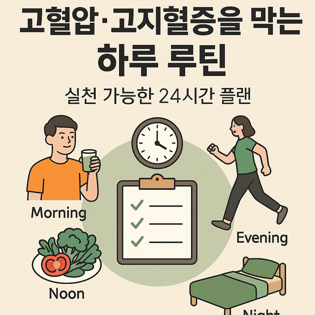 고혈압과 고지혈증 예방을 위한 하루 루틴을 표현한 일러스트 이미지 – 시계, 체크리스트, 식사, 걷기, 수면 루틴 등이 아이콘 형태로 구성됨