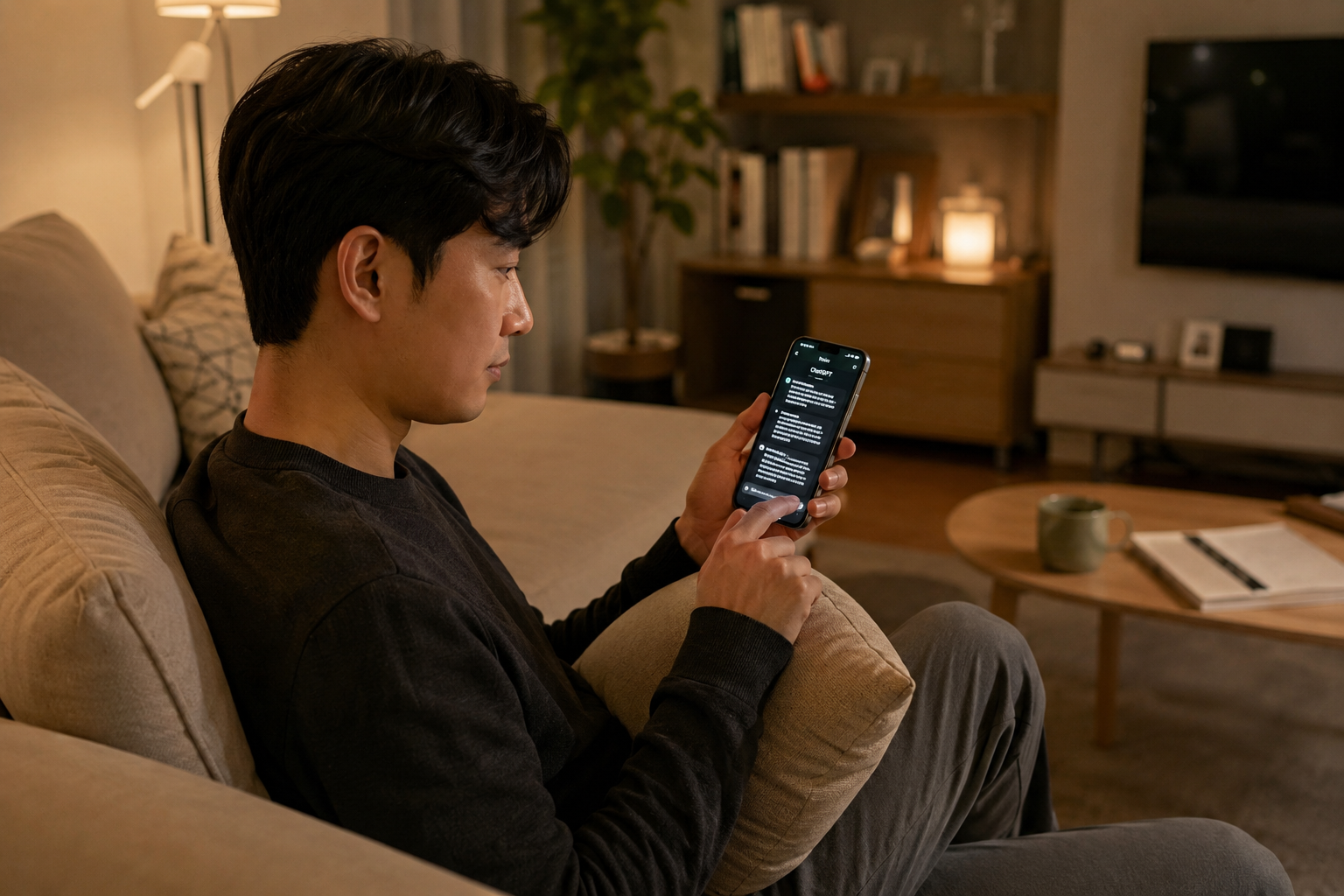 30대 직장인이 스마트폰으로 ChatGPT 화면을 보며 번역 결과를 수정하는 장면.
집 소파, 저녁 시간대, 번역 결과물을 확인하며 조용히 집중하는 분위기.
ChatGPT로 번역 퀄리티를 다듬는 방법을 설명하는 본문 중간에 배치할 이미지.