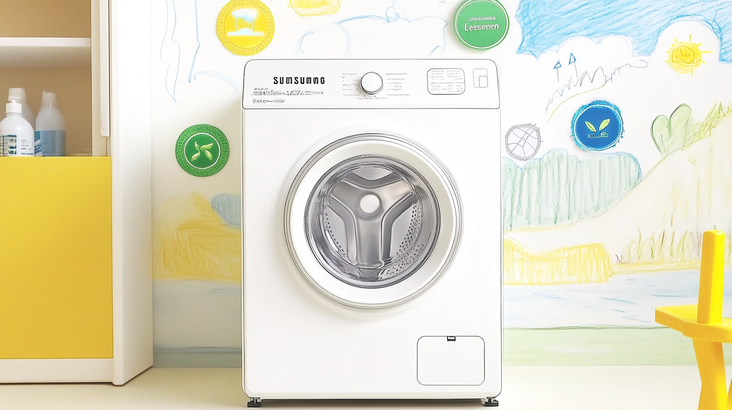 삼성 로고가 두드러진 에너지 효율적인 세탁기 이미지로, 친환경 배지와 배경에 초록 에너지 비주얼이 나타남