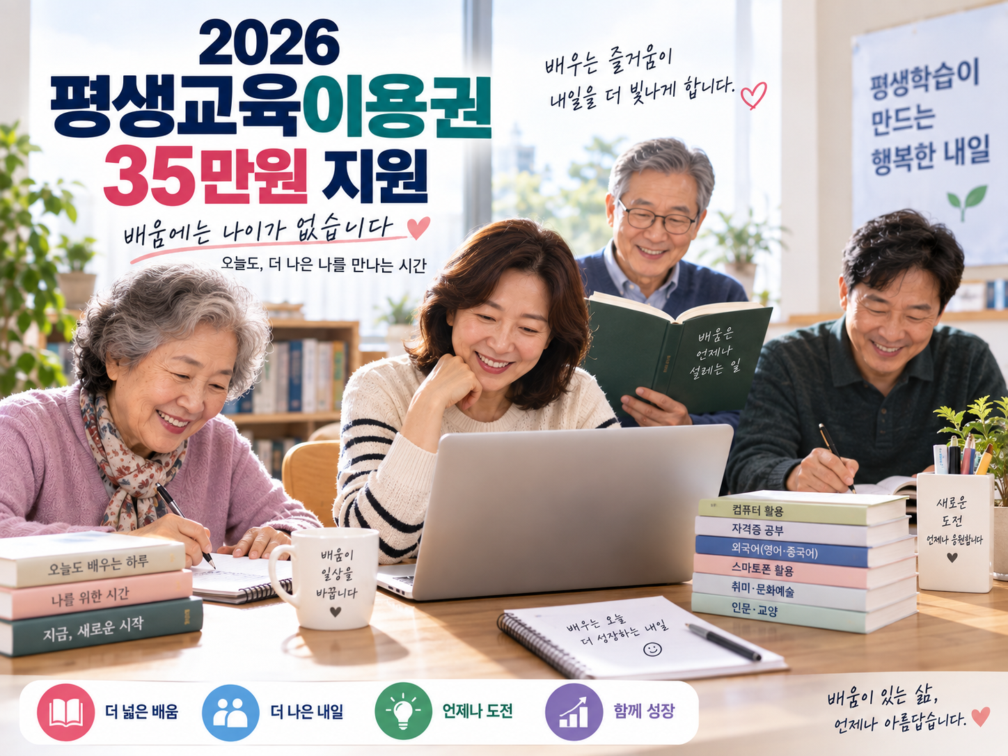 2026 평생교육이용권 35만원 지원｜노트북&middot;책을 이용해 공부하는 중장년층과 어르신