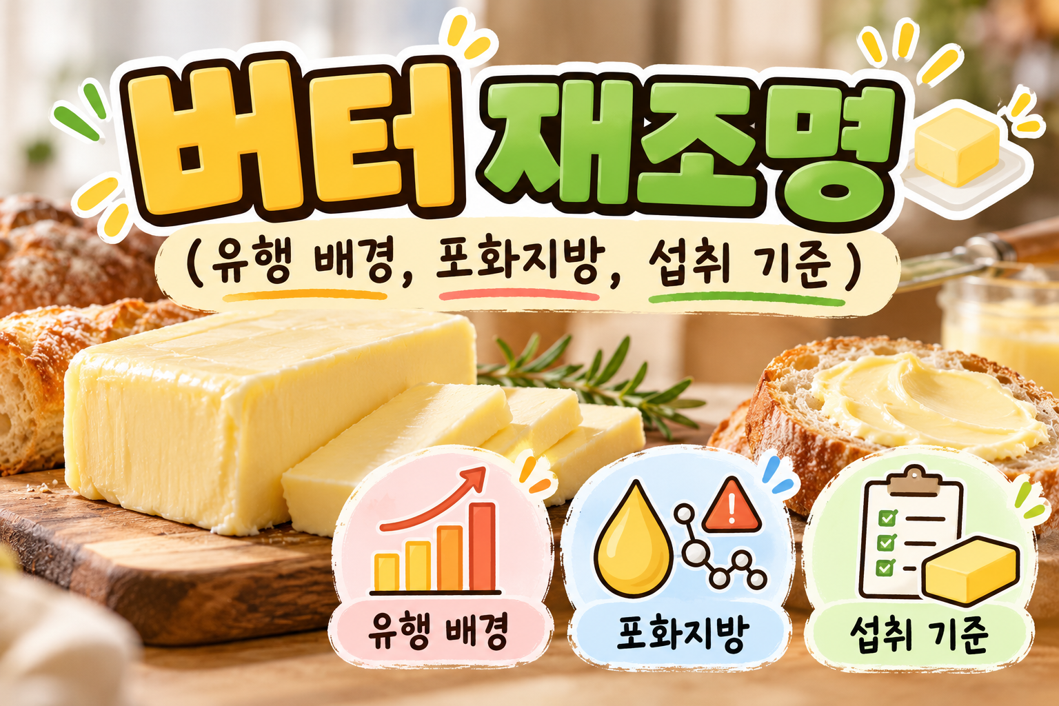 버터 재조명을 주제로 유행 배경, 포화지방, 섭취 기준을 소개하는 건강정보 썸네일 이미지. 나무 도마 위에 노란 버터와 버터를 바른 빵이 놓여 있으며, 버터가 다시 주목받는 이유를 나타내는 상승 그래프, 포화지방을 상징하는 지방 방울과 분자 구조, 건강한 섭취 기준을 나타내는 체크리스트 아이콘이 배치되어 있다.