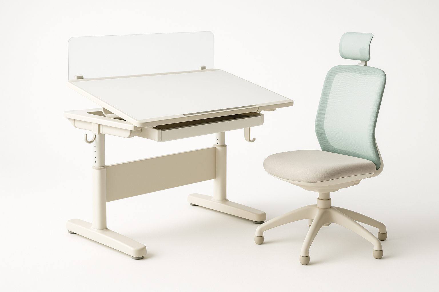 밝은 교실 배경 속, 넓은 상판과 높낮이 조절 다리를 갖춘 아이보리 톤 책상과 파스텔 메쉬 의자가 나란히 놓여 있는 모습