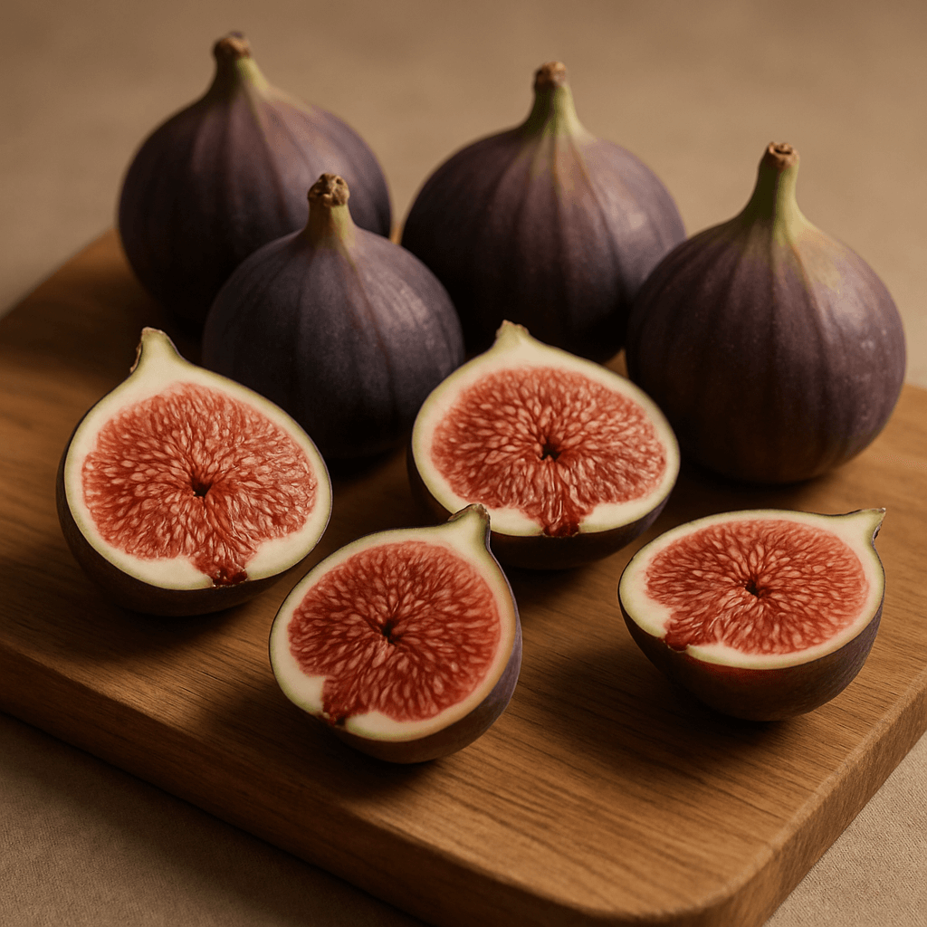 나무 도마 위에 가지런히 놓인 통무화과와 반으로 자른 무화과가 따뜻한 조명 아래 선명한 질감과 자연스러운 색감을 보여주는 정물 사진