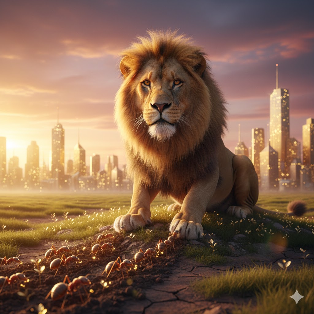 A majestic real lion sitting on a golden meadow at sunset, looking straight into the camera, with tiny ants planting golden seeds at its feet. Surreal and artistic composition representing wealth and prosperity.