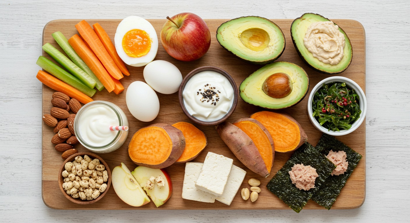 혈당 상승이 적은 건강 간식 10가지 - 견과류, 삶은계란, 그릭요거트, 아보카도, 당근스틱과 후무스, 청사과와 치즈, 고구마스틱, 프로틴 스무디, 구운 두부, 김과 참치