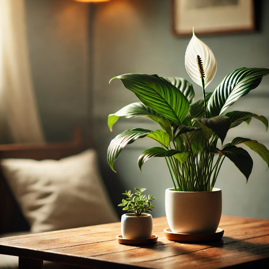 거실위 미니화분과 하얀꽃을 핀 넓은 잎의 화분모습