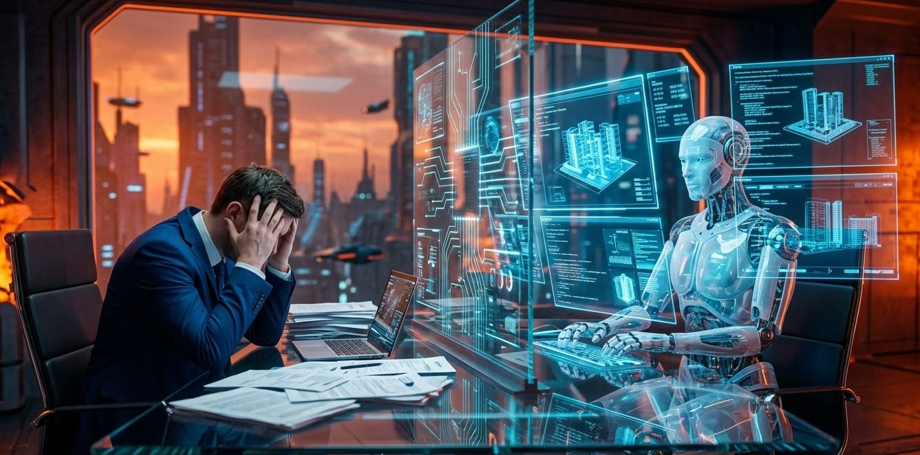 사무실 책상에서 고뇌하는 인간 화이트칼라 노동자와 대조적으로 여러 홀로그램 스크린을 완벽하게 다루는 세련된 안드로이드 로봇의 대립을 그린 3D 디지털 아트