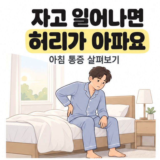 자고 일어나면 허리가 아파요 제목 아래 잠옷을 입은 남성이 아침 침대 가장자리에 앉아 한 손으로 허리를 짚는 모습