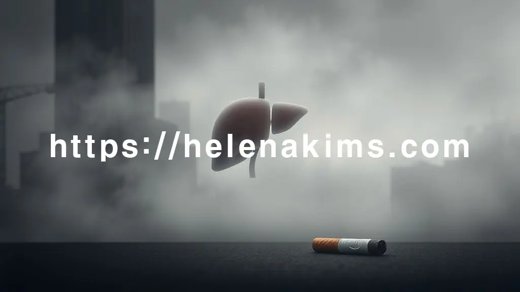 회색빛 도시 풍경에 미세먼지로 흐릿한 스모그가 깔려 있고, 그 속에 희미하게 간의 모습이 있고, 한쪽 구석에는 꺼진 담배꽁초가 놓여 있어, 환경 독소와 흡연이 침묵의 장기인 간을 서서히 손상시키는 위협적인 모습