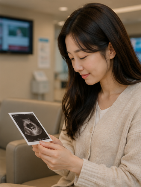 병원 대기실에서 초음파 사진을 조심스럽게 바라보는 여성의 모습