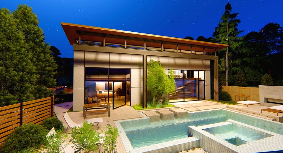 modern house with a pool under starry night sky