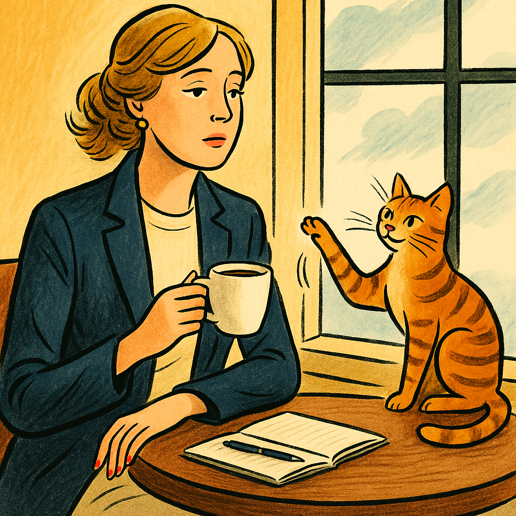 멍한 느낌의 여자를 깨우는 고양이