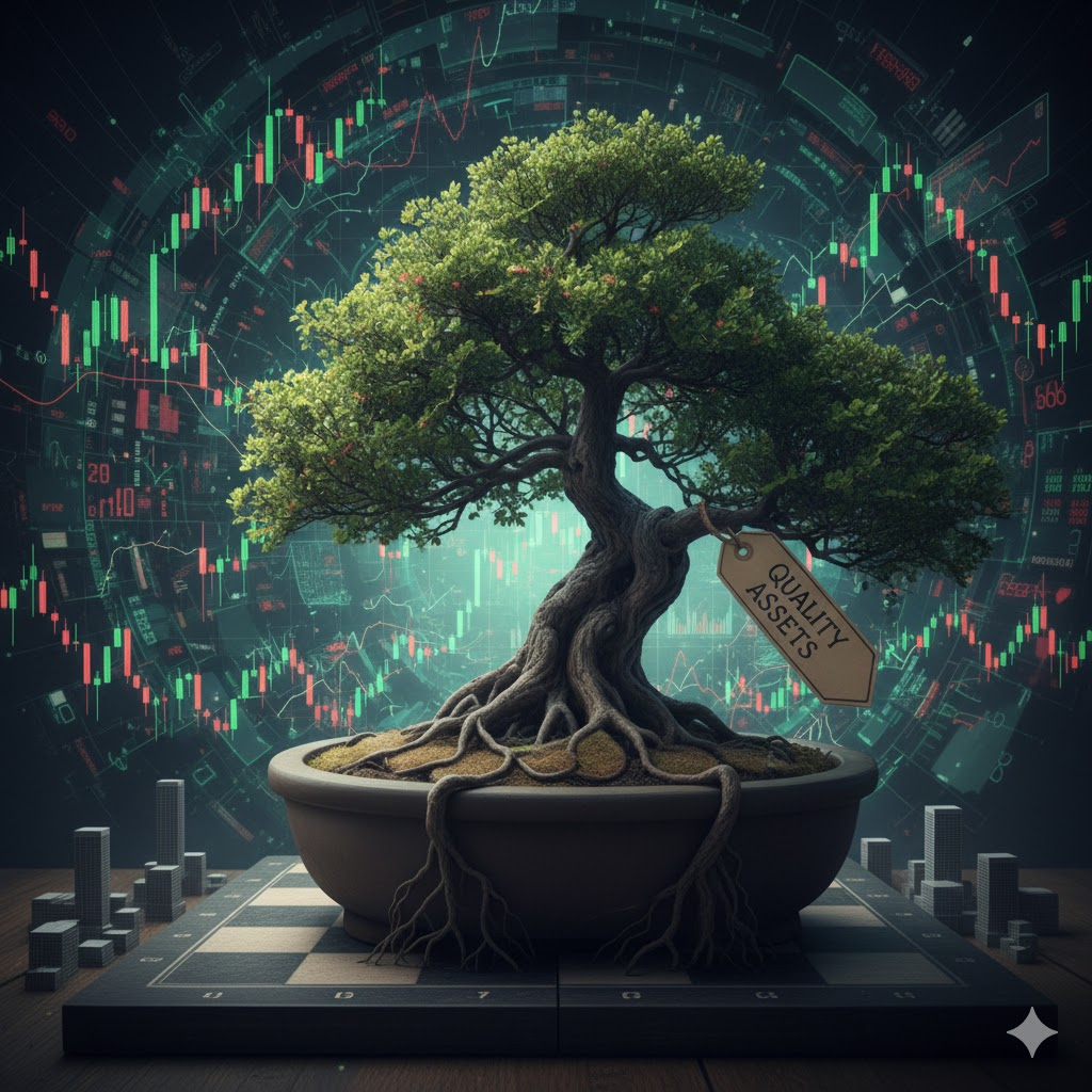 거친 주식 시장 속에서도 흔들리지 않는 뿌리 깊은 나무 같은 이미지'가치있는 자산은 흔들리지않는다.'암시