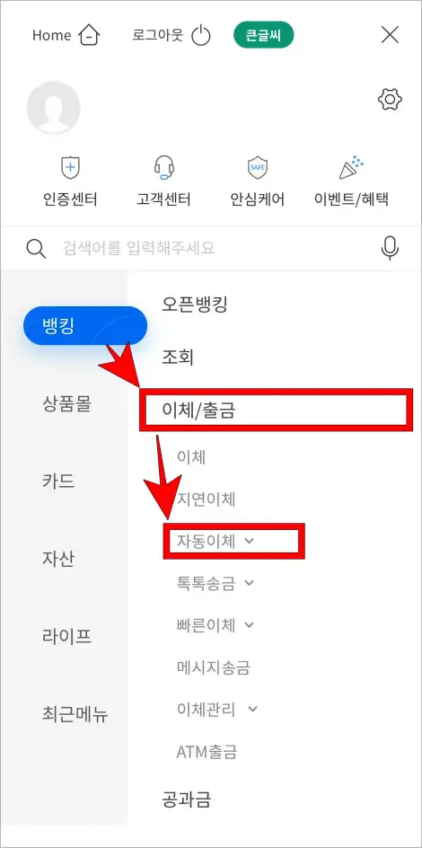 메뉴 중 뱅킹의 이체/출금을 선택하고&amp;#44; 세부 메뉴에서 자동이체를 선택