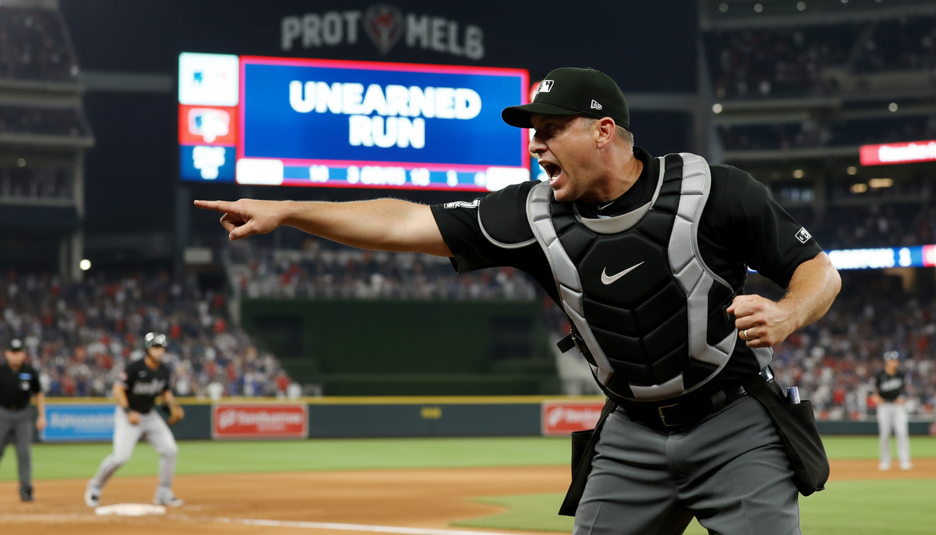 승부치기 주자 득점 시 비자책점으로 기록됨을 알리는 전광판과 심판의 판정 모습