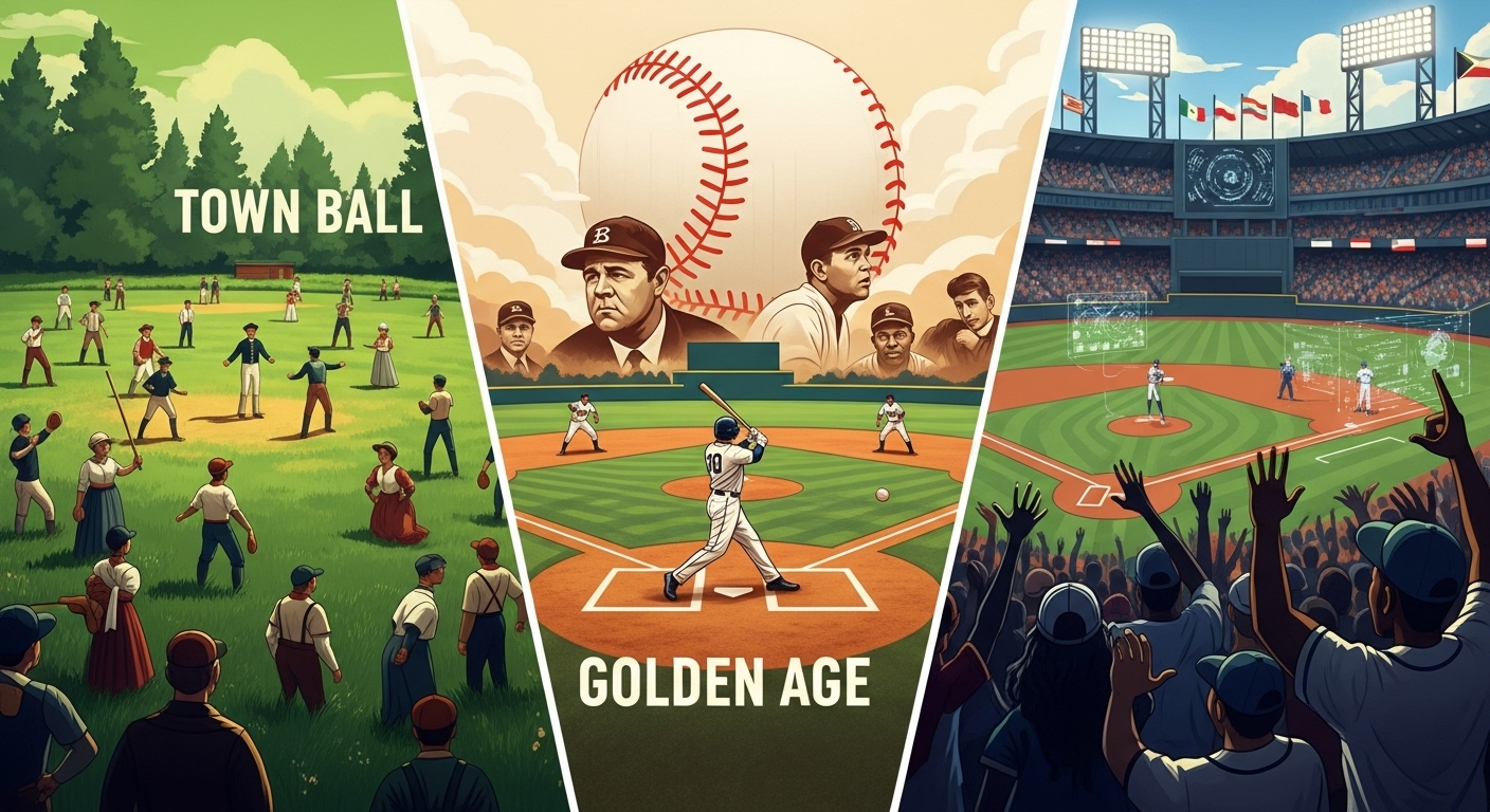 야구 역사의 흐름을 한눈에 보여주는 이미지. 왼쪽에는 초창기 야구 경기를, 중앙에는 베이브 루스와 재키 로빈슨 시대의 황금기를, 오른쪽에는 세계화된 현대 야구 경기장을 묘사한 삽화.