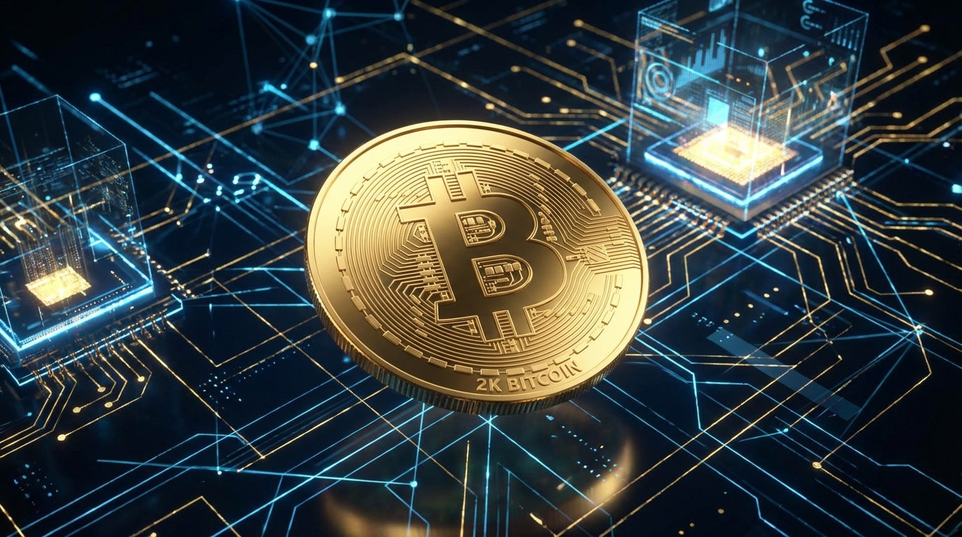 ビットコインのゴールデンコイン、チャートグラフ、デジタル通貨の未来的イメージ、輝く暗号資産