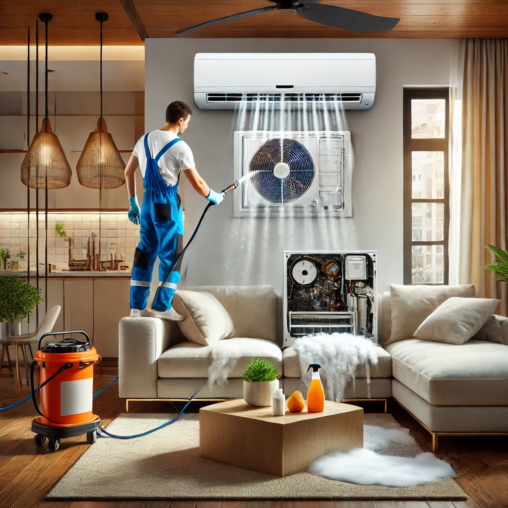 거실에서 실내 에어컨을 전문 장비로 세척 중인 작업자