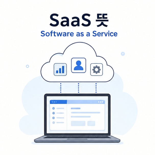 노트북과 클라우드를 연결해 인터넷으로 소프트웨어를 이용하는 SaaS 뜻을 설명한 이미지