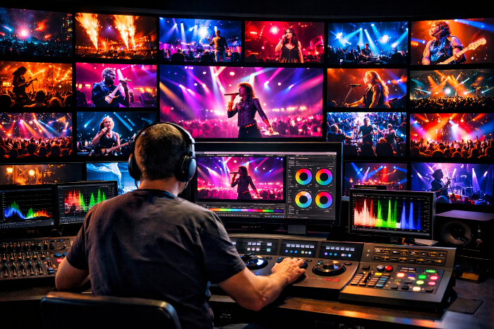 공연 실황 영화의 미적 완성도를 높이는 영상 편집 및 컬러 그레이딩 공정 이미지.