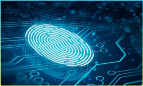 향후 보안 기술 지문 검색은 진한 파란색 배경에 이진 코드를 사용하여 보안 액세스를 제공. 지문 보안 개념 3D 렌더링.